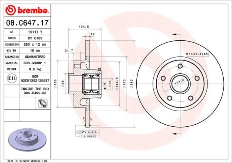 BREMBO Bremsscheibe PRIME LINE - With Bearing Kit (08.C647.17)